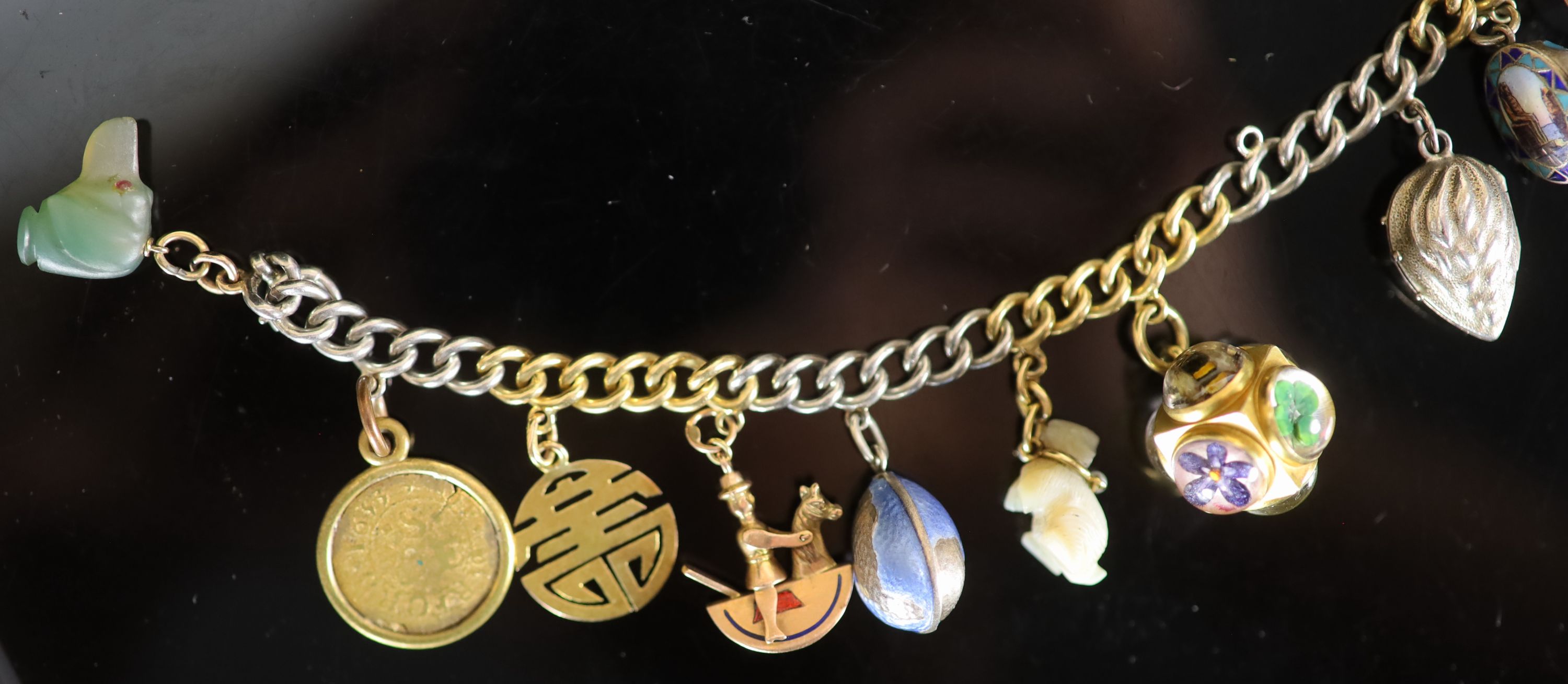 A platinum and gold curb link charm bracelet, hung with twelve assorted charms